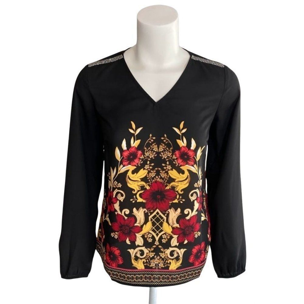 JM‎ Collection Blouse Top Petite Small Black Women's Floral Sparkle NEW